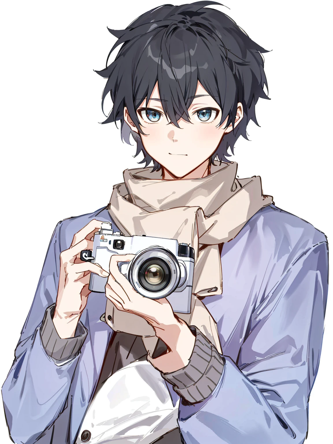 8K,high quality!!Detail enhancements!!Best image quality!!Have a camera,Anime boy wearing winter clothes taking a photo, Masanobu Okumura'Inspiration, inspired by Okumura Togyu, Tall blue-eyed anime characters, Young Anime Guy, author:Kamisaka Yukika, Cute art style in anime, Handsome anime pose, Anime Handsome Man, Kentaro Miura art style