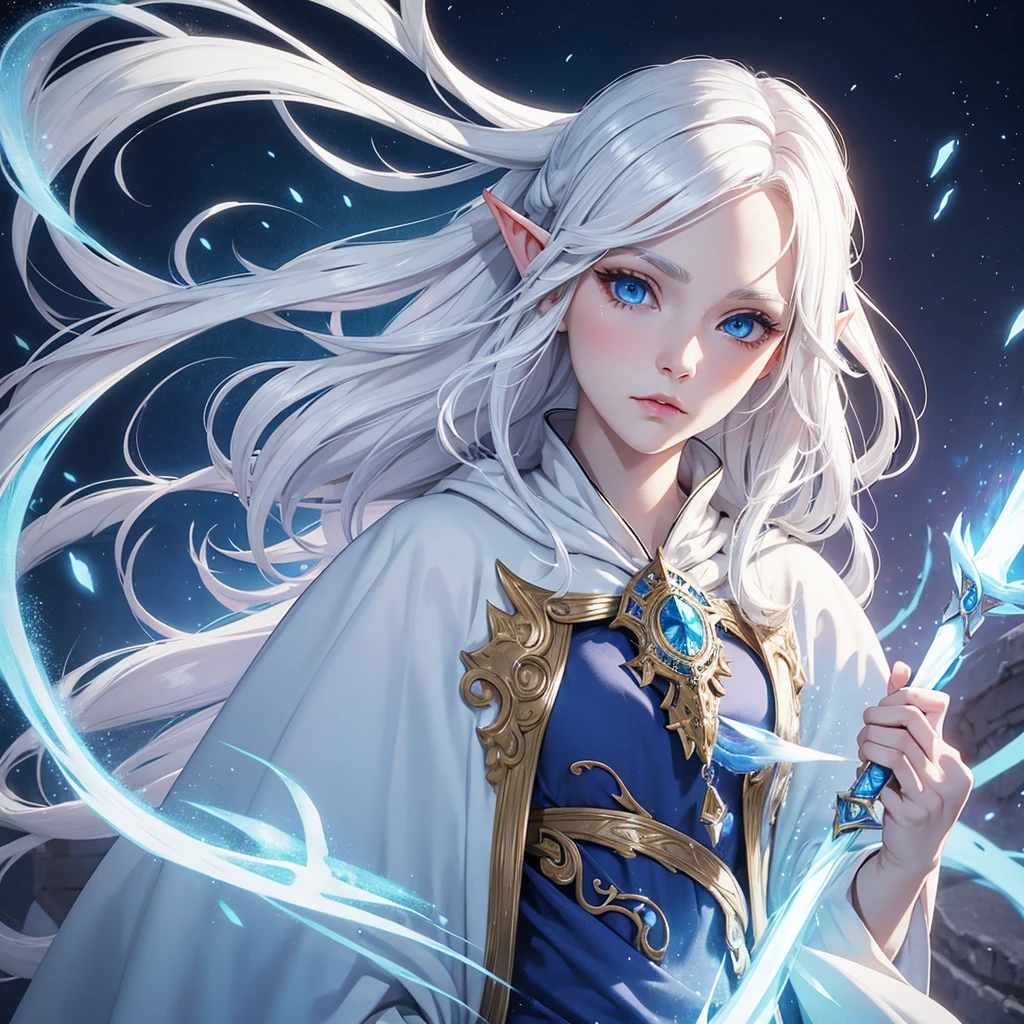 A female elf with white hair, blue eyes, beauty face, white skin. Wearing expensive cloak and ancient wand. Her hair cover one of her eyes and sleepy eyes.