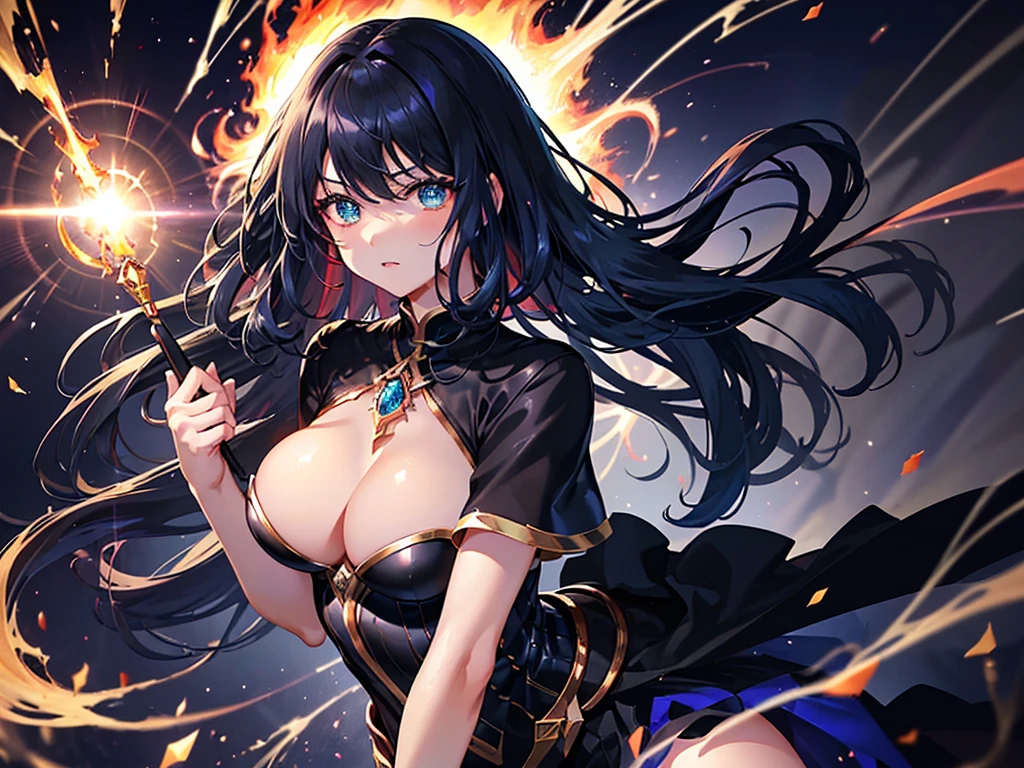 (Super detailed, Pixel perfect, High resolution, Highest quality, Beautifully drawn eyes in every detail), (whole body:0.8), 19 year old anime girl, 短いBlack Hair, Wavy Hair, Parted bangs, Black Hair, Gradient Hair Color, Flowing crimson hair dances like flames, Red flames swirl around her body. (transparent:0.7), Showing her overwhelming aura (dangerous and terrifying aura), dangerous, She has a magic wand, Activates a powerful explosive spell, Great magician, Green Eyes, Strong and heavy steel armor, Prestigious, realistic fire, The background is full of magical particles and realistic blue flames. Lens flare, Shining Light, reflected light, Motion Blur, 8K, Super detailed, Accurate, Highest quality, Ray Tracing.