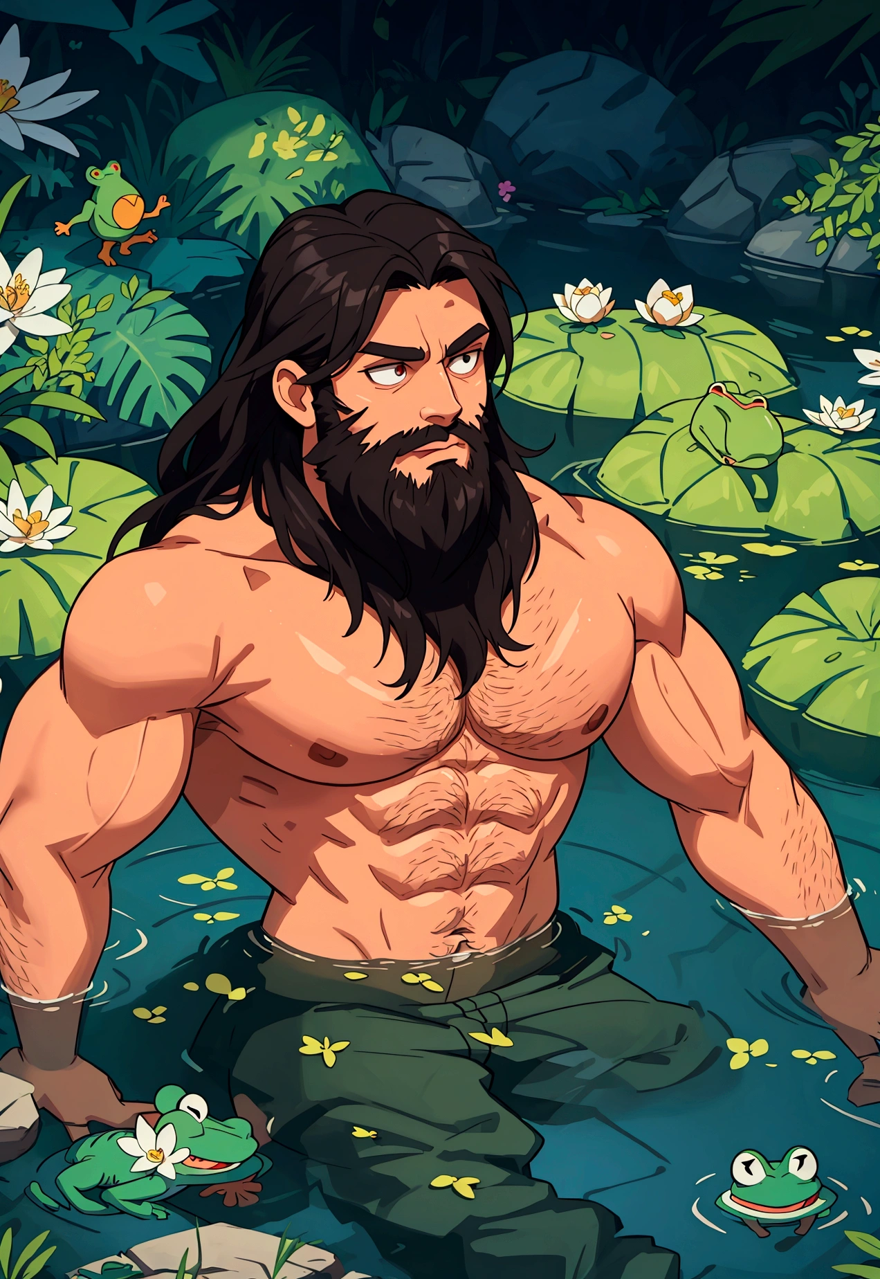 strong man, long hair, beard, shirtless, flowers, pond, strong, broad shoulders, hairy chest, lying in water, river, biceps, frogs, big pecs,