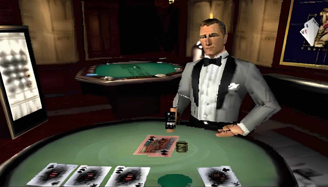 top view from the back ((((ps1 style)))), james bond wearing off-white dinner jacket, black trousers, white dress shirt, black bow tie, plays poker in casino, dim lighting, interface on the screen
