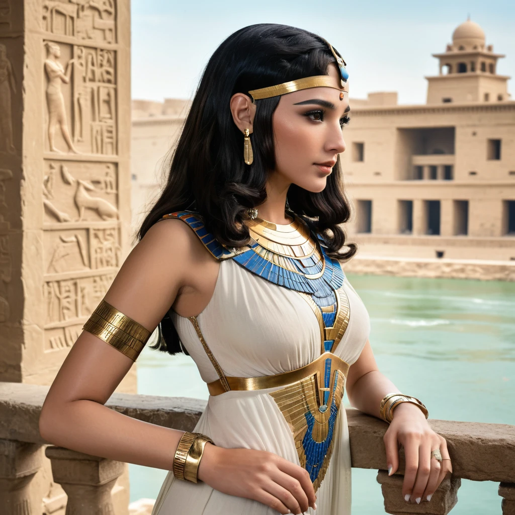 Standing on a balcony overlooking the river、Arabian woman wearing dress and headpiece, beautiful Cleopatra, Egyptian princess, Beautiful Fantasy Empress, Cleopatra in her palace, Cleopatra portrait, Ancient Princess Liv, Egyptian style, Egyptian, ((Beautiful Fantasy Empress)), Cleopatra, Beautiful Goddess, portrait of Cleopatra, android girl in Egyptian ruins, Hmm、Carol in the back