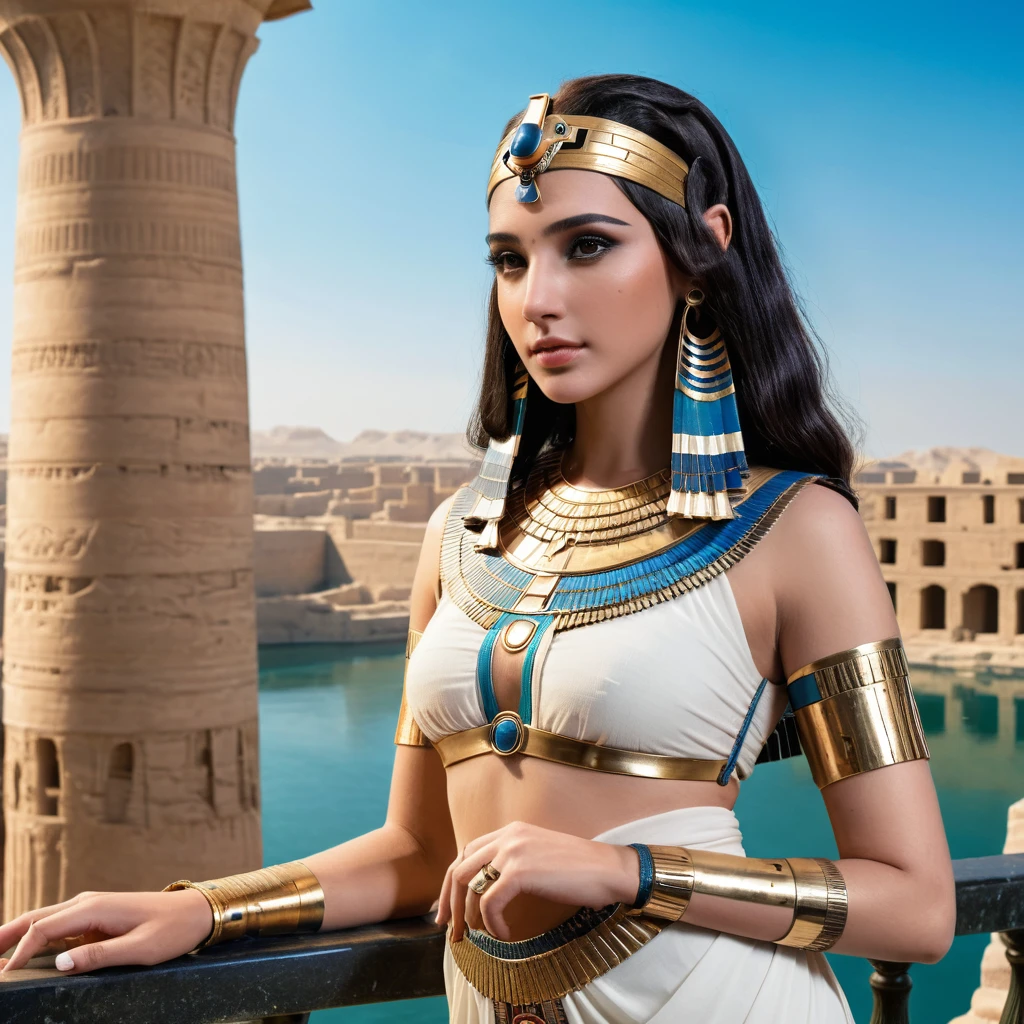 Standing on a balcony overlooking the river、Arabian woman wearing dress and headpiece, beautiful Cleopatra, Egyptian princess, Beautiful Fantasy Empress, Cleopatra in her palace, Cleopatra portrait, Ancient Princess Liv, Egyptian style, Egyptian, ((Beautiful Fantasy Empress)), Cleopatra, Beautiful Goddess, portrait of Cleopatra, android girl in Egyptian ruins, Hmm、Carol in the back