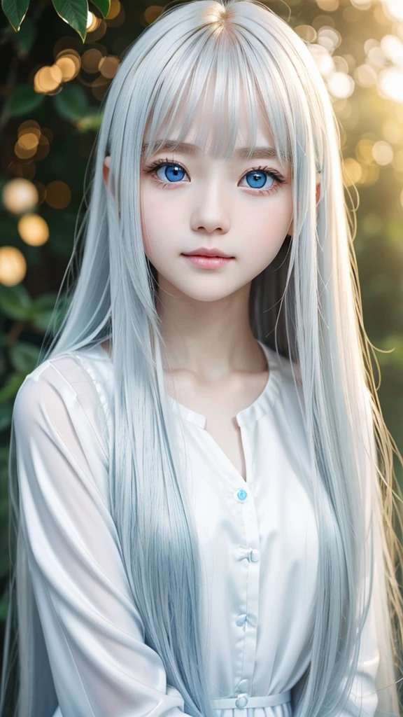 Extremely beautiful face、long bangs fluttering in front of the face、Beautiful pale light blue eyes hidden in the hair、Very cute beautiful face with very shiny skin、Pure white beautiful skin、very beautiful pale light blue eyes,,,,,,,,,、Beautiful very long straight silky pale golden shiny platinum blonde hair、Cute 14 year old very beautiful woman、Round face、Very adorable little face、bright expression、Big eyes with clear double eyelids、eye liner、