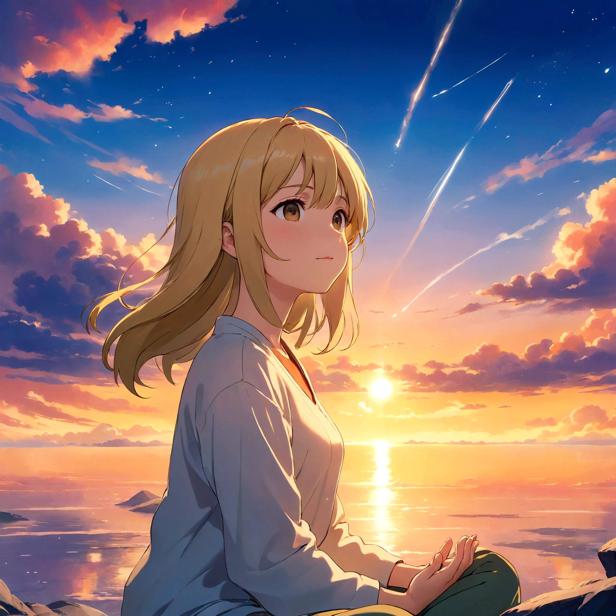A picture of a lovely girl meditating while looking towards you., masterpiece, Better Quality, Movie stills, 20 years, Cloud Boy, Floating in the sky, close, bright, Happy, Soft lighting and warmth, Sunset, (spark: 0,7), The Power of Light, blonde, Beige clothes.