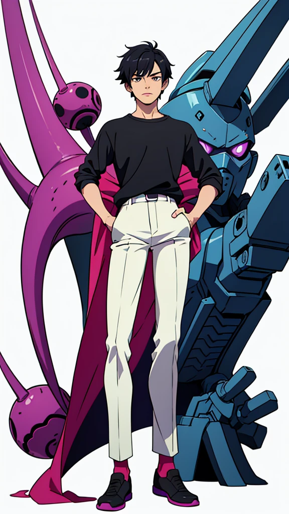 anime, anime style art, masterpiece, best quality, highres, 1 man, Baro Shoei blue lock, looking slightly left, head tilted leftwards but not a lot, slight head tilt, looking left, normal clothing, black shirt, white pants, black hair, short hair, extremely short hair, teenager, light background, full body, teenager, colorful parts, bold, realistic mixing dark lines and loose lines, bold lines, on paper, human man, purple eyes, full body, imposing pose, very tall, standing, male, sharp chin, wide jaw, white background, purple eyes, muscular, broad shoulders, front view, standing straight, facing towards, looking straight, looking forward, full face, masculine, oval face, calm, humble, man, male, masculine, full body, clear face, detailed face, full body, 1 person, 1 entity, 1 human, looking left, looking leftwards, looking off to the left, head tilited left, head turned left, head turned to the left, looking left