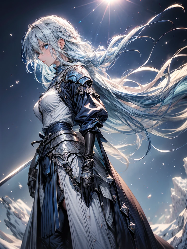 One beautiful woman、whole body、Standing posture、front、Transparent light blue hair、crystalのように輝く髪、Blue eyes that shine like jewels、Combat Uniform、Have a weapon、Slender、Slender、Highest quality、Super detailed、masterpiece、crystal、Ice and snow effect