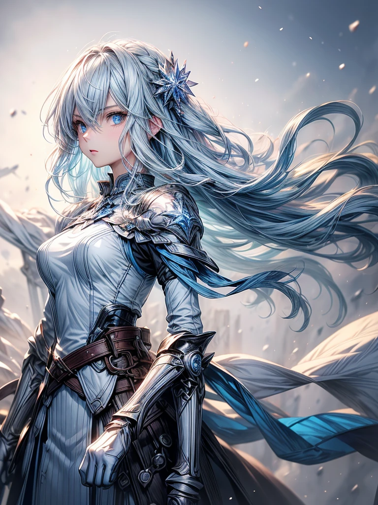 One beautiful woman、whole body、Standing posture、front、Transparent light blue hair、crystalのように輝く髪、Blue eyes that shine like jewels、Combat Uniform、Have a weapon、Slender、Slender、Highest quality、Super detailed、masterpiece、crystal、Ice and snow effect