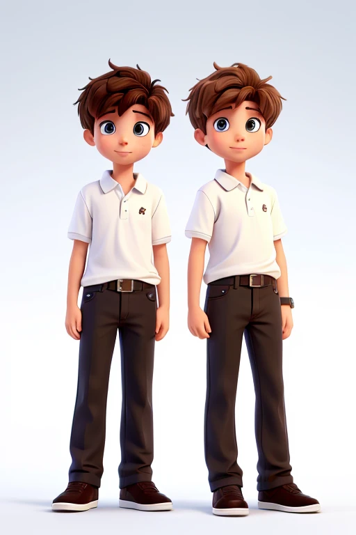 two twin boys 6 years same height with brown hair and brown eyes on a white background black jeans and white polo shirt