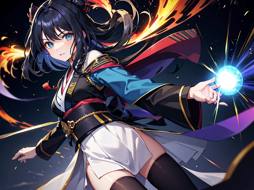 Super detailed, Pixel perfect, High resolution, Highest quality, Beautifully drawn eyes in every detail), (whole body:0.8), 19 year old anime girl, 短いBlack Hair, Wavy Hair, Parted bangs, Black Hair, Gradient Hair Color, Flowing crimson hair dances like flames, Red flames swirl around her body. (transparent:0.7), Her overwhelming aura in a kimono is on full display (dangerous and terrifying aura), dangerous, She has a magic wand, Activates a powerful explosive spell, Great magician, Green Eyes, Strong and heavy steel armor, Prestigious, realistic fire, The background is full of magical particles and realistic blue flames. Lens flare, Shining Light, reflected light, Motion Blur, 8K, Super detailed, Accurate, Highest quality, Ray Tracing.