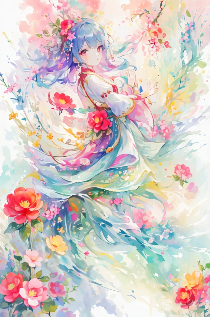 (Highest quality),(works of masters),(Detailed eye description),(8k wallpaper)(detailed facial description),rich and colorful,1 girl,Chinese clothes,Half body,上Half body,Iridescence and rainbow eyes,floating rainbow hair,iridescent and rainbow dresses,Peach blossom background,