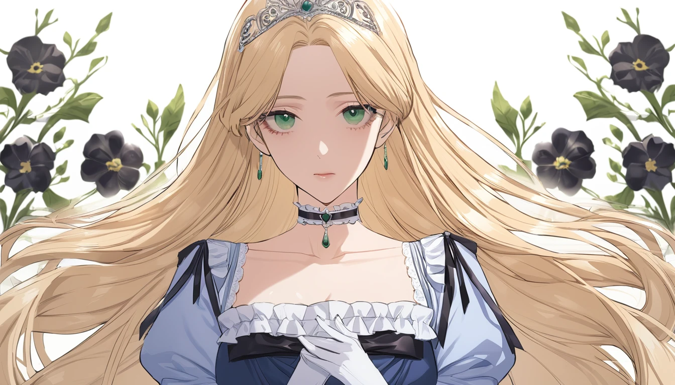 sexy-style, floral background, romance manhwa, 1girl, blonde hair, solo, long hair, flower, dress, tiara, white dress, gloves, long sleeves, choker, green eyes, mascara, makeup, white gloves, black bow, black flower, wavy hair, bow, jewelry, looking at viewer, white background, collarbone, puffy sleeves, silver accessories, upper body, parted bangs, very long hair, blue dress, frills, bangs, closed mouth, detailed eyes, gleaming skin, shiny glossy skin