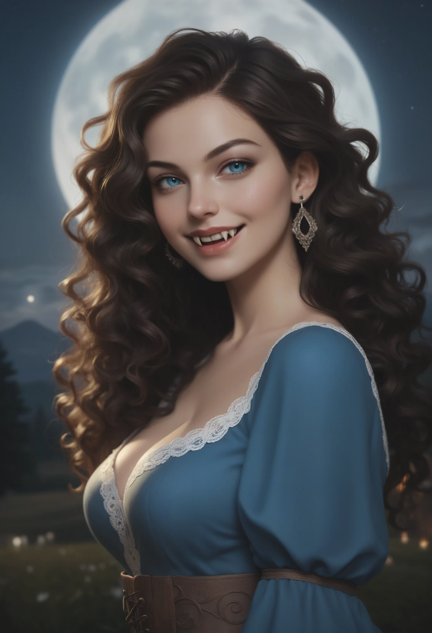 score_9, score_8_up, score_7_up, score_6_up, rating:safe, 1girl, solo, black_hair, wavy_hair, jewelry, dress, blue_eyes, earrings, long_hair, looking_at_viewer, curly_hair, upper_body, lips, lace, blue_dress, (night:1.3), cxqz8r, medieval_dress, medieval_landscape, fullmoon, rpg, evil_smile, vampire, (fangs:1.4), narrow_waist, skinny