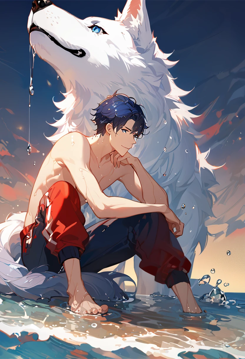 solo, ((male with short dark blue hair with red strip hair and dark blue hair with red gradient), (bare chest), (topless), (muscle), ( jogger pants), (wet), (dripping wet body and hair), (water dripping), (sitting), (one hand rest on the knee), (big white wolf resting on the back)), (bangs), (blue eyes with red gradient), (pale skin), (smirk), ((high quality)), (extremely detailed),8k, 4k, clean line art, detailed line art, resting on the big wolf, white big wolf, simple background, water background, dark background, not bulky, no top clothes, inspired by Asukaziye artist : ask, art style : ask