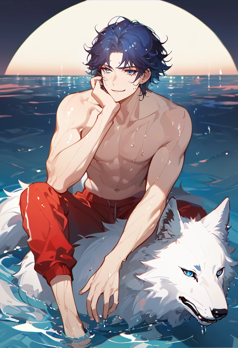 solo, ((male with short dark blue hair with red strip hair and dark blue hair with red gradient), (bare chest), (topless), (muscle), ( jogger pants), (wet), (dripping wet body and hair), (water dripping), (sitting), (one hand rest on the knee), (big white wolf resting on the back)), (bangs), (blue eyes with red gradient), (pale skin), (smirk), ((high quality)), (extremely detailed),8k, 4k, clean line art, detailed line art, resting on the big wolf, white big wolf, simple background, water background, dark background, not bulky, no top clothes, inspired by Asukaziye artist : ask, art style : ask