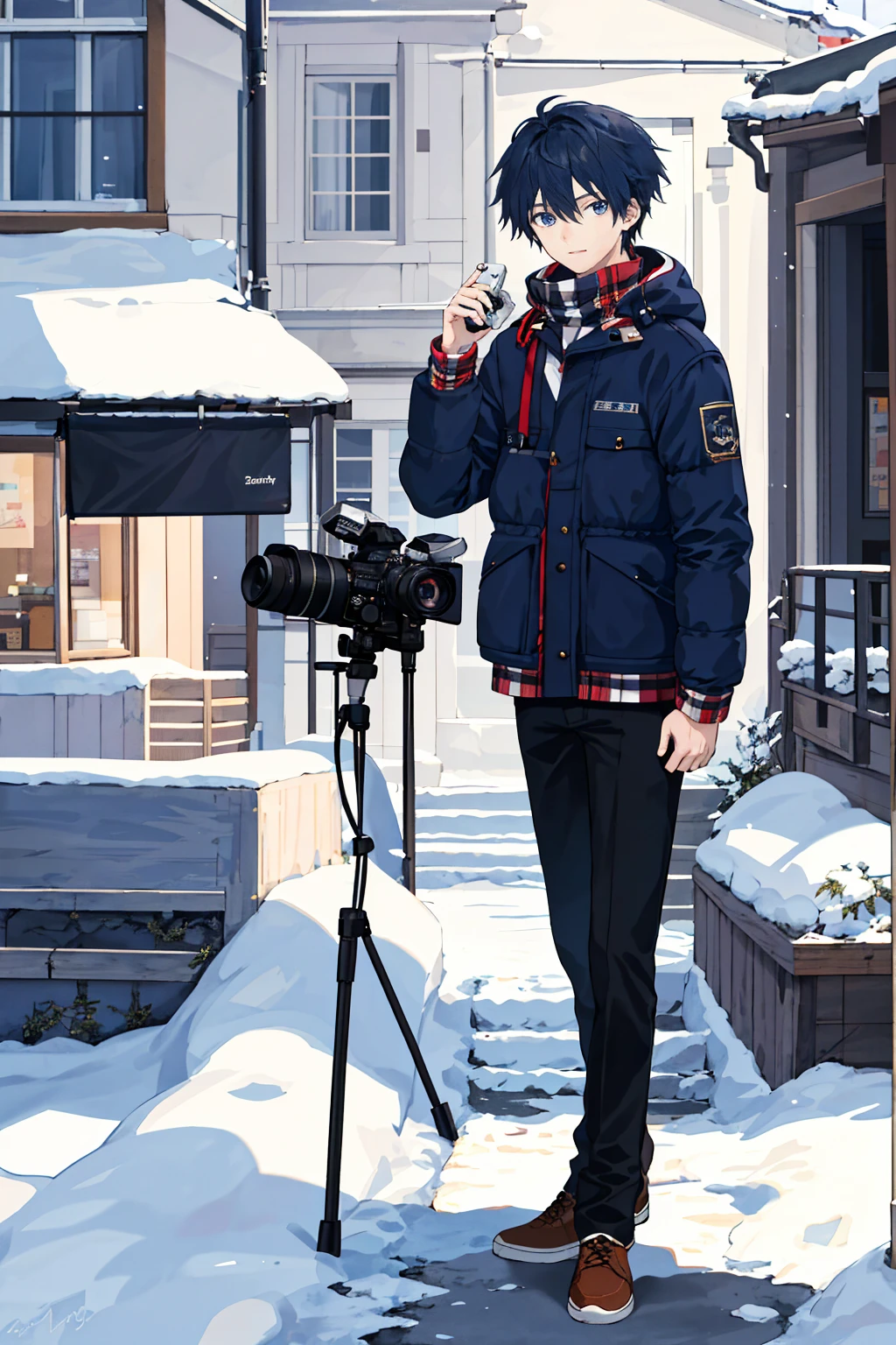 1 boy, 20 years old, 8K，high high quality！！Detail Enhancement！！Highest image quality！！holding a camera，Anime boy wearing winter clothes taking photos,