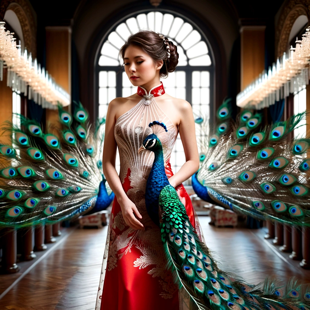 photoillustrasion of double exposure of merged, a woman in red-cheongsam dress, a peacock (transparency effect of peacock images fit on her red-cheongsam), seamless mix, texture and pattern, tranparency effect, dramatic shadows, dramatic lights, interlacing elements, fit-image on her red-cheongsam-dress, side view, fantasy art, digital manipulated photo art