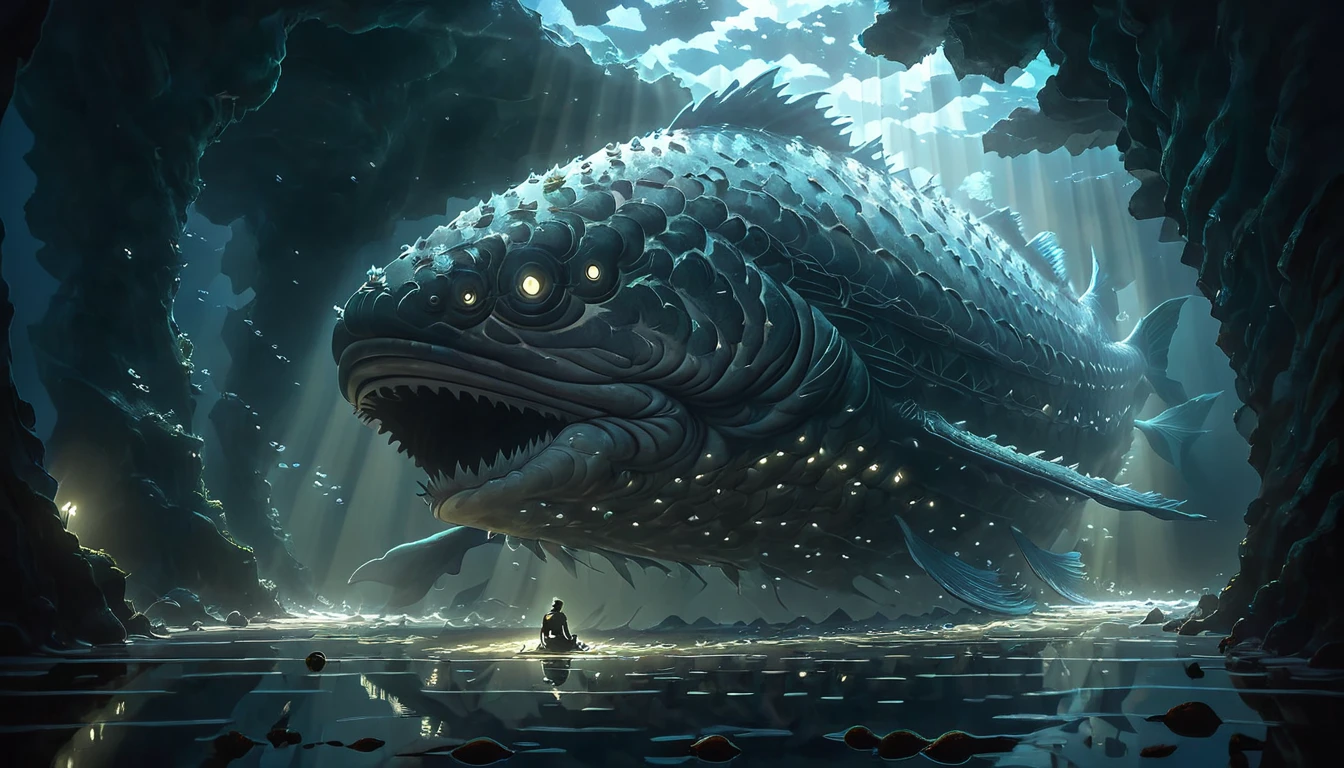  Inside the belly of the great fish, depicted as a dark, cavernous space with a dim, eerie light filtering through. The walls are textured and organic, with a slight glow from bioluminescent elements.
Subject: Jonah, alone and contemplative, sitting on the "floor" of the fish’s belly. He is surrounded by minimalistic elements like fish bones and remnants of seaweed, with a small amount of light creating a reflective mood. Jonah’s expression is a mix of fear, reflection, and repentance.
Atmosphere: Mysterious and reflective, with subdued lighting that creates a somber yet hopeful atmosphere, emphasizing Jonah’s isolation and time for introspection.
 
