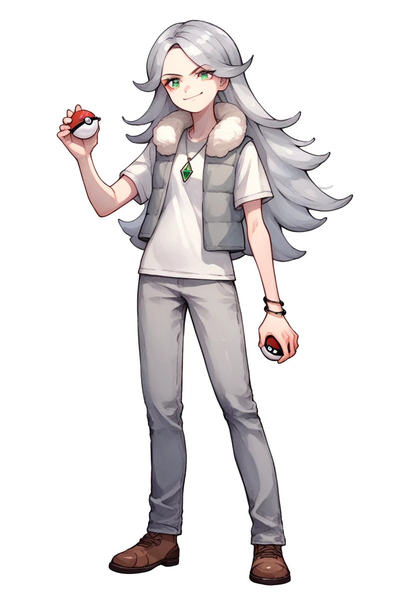 ((((white background)))), simple background, watercolor, 1 girl, standing, long hair, silver hair, light skin, smug green eyes, front view, gray pants, a gray woolen winter vest and a blue t-shirt, wide black pants, bracelets, brown shoe, holding a pokeball, score_9, score_8_up, score_7_up, pendant, score_6_up, score_5_up, score_4_up, BREAK source_anime, masterpiece