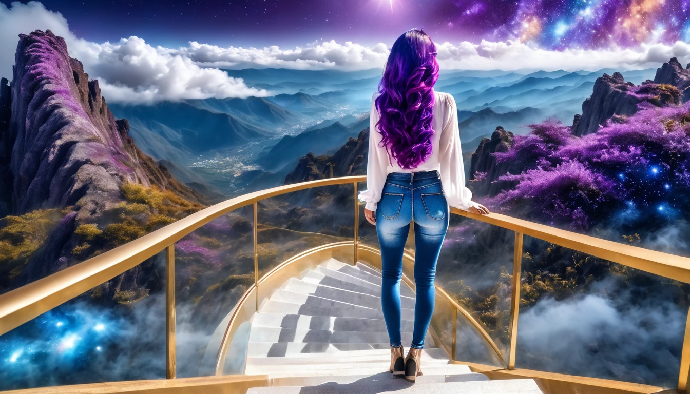 hdr, best image, 8k, image in dark neon blue, and violet, A BEAUTIFUL WOMAN, view from behind, beautiful blouse, jeans, LONG purple HAIR, Wide ramp of steps, ivory white and gold, going down, TOWARDS TO THE INFINITY OF THE HEAVENS, stars of the cosmos, universe, clouds. giant mountain