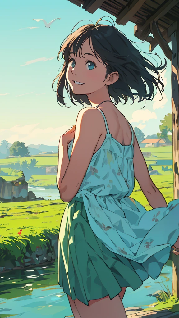 reasonable design, Clear lines, High Sharpness, (highest quality,4K,Perfect sharpness,Ultra fine,High resolution,masterpiece:1.2), Perfect Anatomy:1.5, Official Art, Illustrations that tell a story, (Whitish background:0. 9)、Body Positivity、More Mr.Physical expression、(Random and mischievous poses)、Perfect beauty、Perfect beautiful face、Strong winds、A rich expression、Dynamic composition、smile、Golden ratio composition、colorful、(Mr.Different angles and perspectives)、anime art、mini skirt、(Overcoming stereotypes)、 Glowing Skin、(Natural beauty)、smile、bangs、Straight Hair、(Soft and flowing hair)、(Rural Scenery)、(Nostalgic atmosphere)、Insert up to the thighs、(Playful and carefree)、(More Mr.Ethnic characters)、(innocent attitude)、(Sunny atmosphere)、Skirt flipped up、(Bright colors)、Belly button exposed、Beautiful Eyes、A skirt fluttering in the wind、Put it in to your feet、Some composition patterns、Tank top、Angle from behind、上からアングル、Sensual、