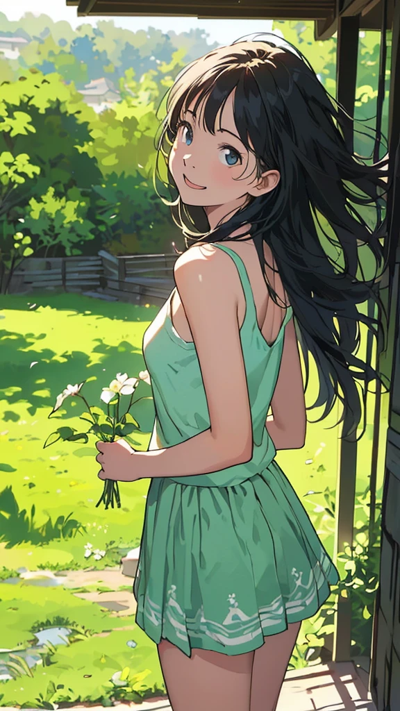 reasonable design, Clear lines, High Sharpness, (highest quality,4K,Perfect sharpness,Ultra fine,High resolution,masterpiece:1.2), Perfect Anatomy:1.5, Official Art, Illustrations that tell a story, (Whitish background:0. 9)、Body Positivity、More Mr.Physical expression、(Random and mischievous poses)、Perfect beauty、Perfect beautiful face、Strong winds、A rich expression、Dynamic composition、smile、Golden ratio composition、colorful、(Mr.Different angles and perspectives)、anime art、mini skirt、(Overcoming stereotypes)、 Glowing Skin、(Natural beauty)、smile、bangs、Straight Hair、(Soft and flowing hair)、(Rural Scenery)、(Nostalgic atmosphere)、Insert up to the thighs、(Playful and carefree)、(More Mr.Ethnic characters)、(innocent attitude)、(Sunny atmosphere)、Skirt flipped up、(Bright colors)、Belly button exposed、Beautiful Eyes、A skirt fluttering in the wind、Put it in to your feet、Some composition patterns、Tank top、Angle from behind、上からアングル、Sensual、