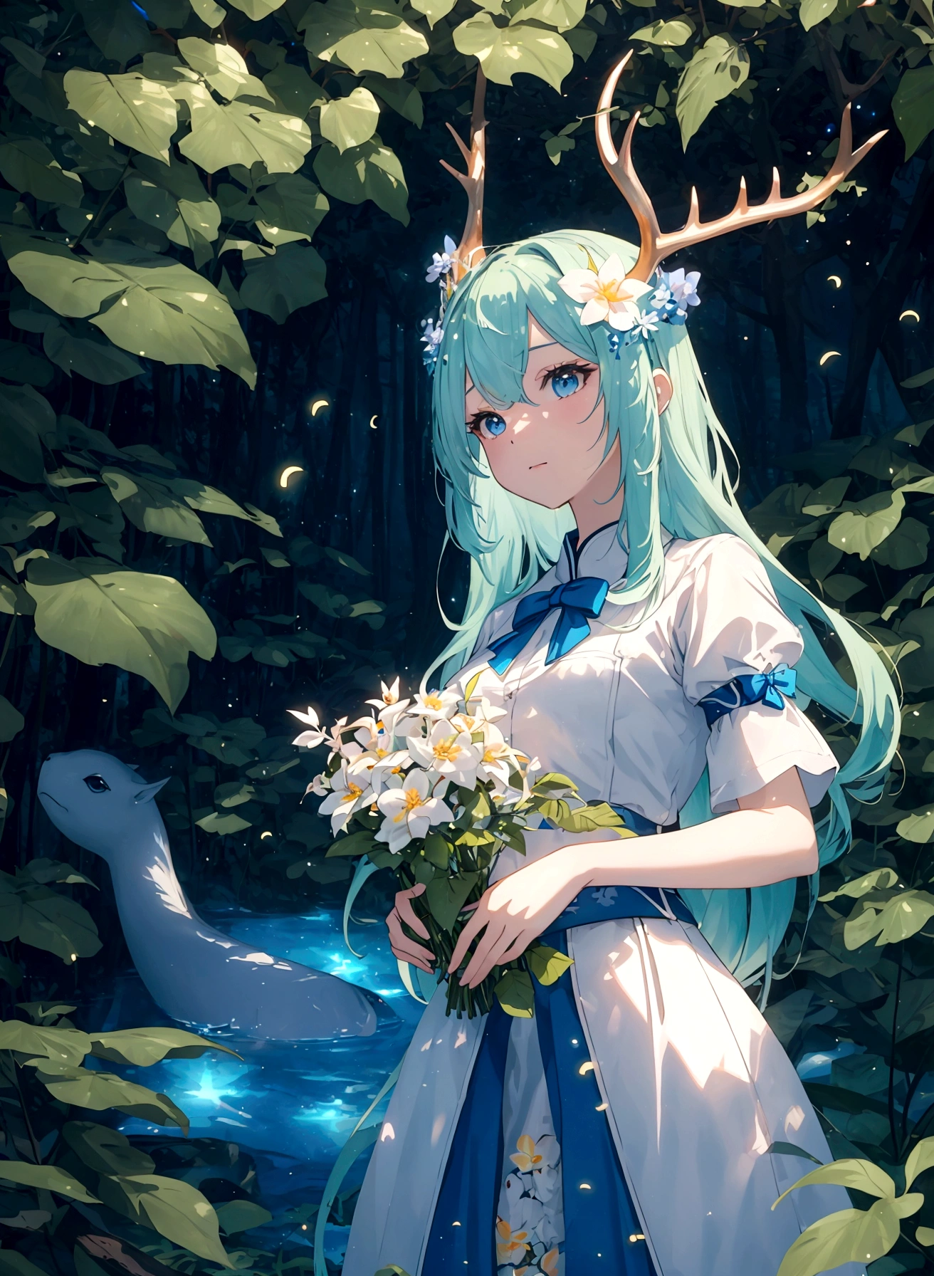 marmaid,blue,Foam,singing,Masterpiece,best quality,（Very detailed CG unified 8k wallpaper）,（best quality）,（Best illustrations）,（Best shadow）,glowing sprites,Glowing deer,Chinese themed elements。,Surrounded by flowers,Delicate leaves and branches are surrounded by fireflies（Natural Elements）,（Jungle theme）,（crystal）,（pearl）,（Clouds）,（Particle Effects）and other 3D, Octane Rendering,Ray Tracing,Ultra-detailed--v6