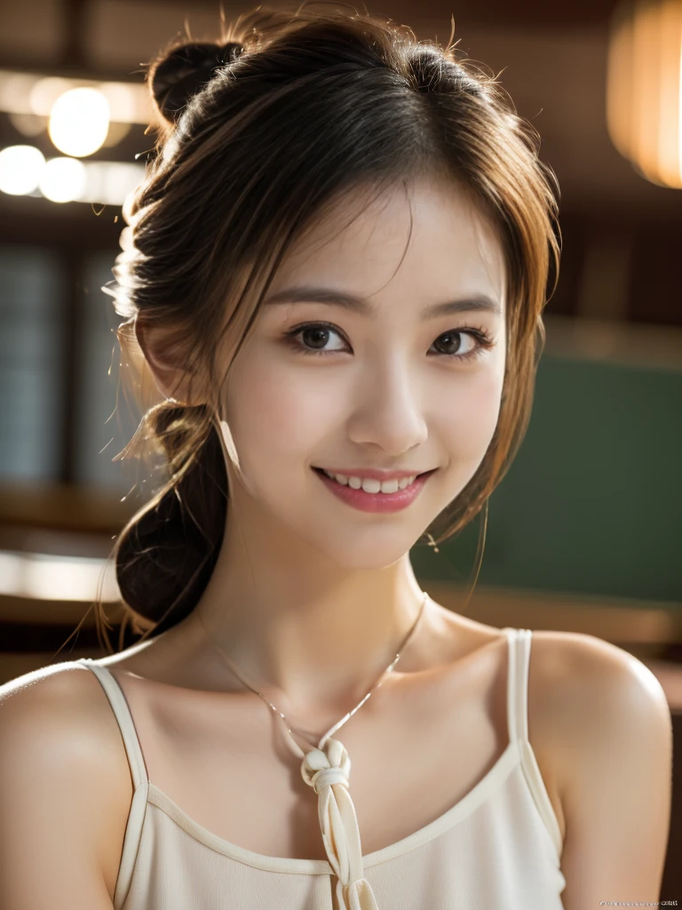 8K quality,Japanese Idol,Face lighting,最high quality, ((((Night view,Tying a bun,Very smiling,,Narrow waist,Beautiful body lines,gravure pose,Upper body close-up,classroom))),Very beautiful details of the face, (Slender body:1.4), (Detailed face:1.2), conceptual art, high quality, Realistic, Very detailed CG synthesis 8k wallpaper, Very detailed, High resolution raw color photos, Professional photography, Cinematic Light, Beautiful details, Super detailed, Advanced Details, Depth of written boundary, Super stylish lighting, (Beautiful small chest:1.2), Smooth and flawless skin, Expressive and captivating eyes, Well-defined facial features, A perfectly balanced face, Fine Details and Realistic Textures,Blurred Background、Round Glasses
