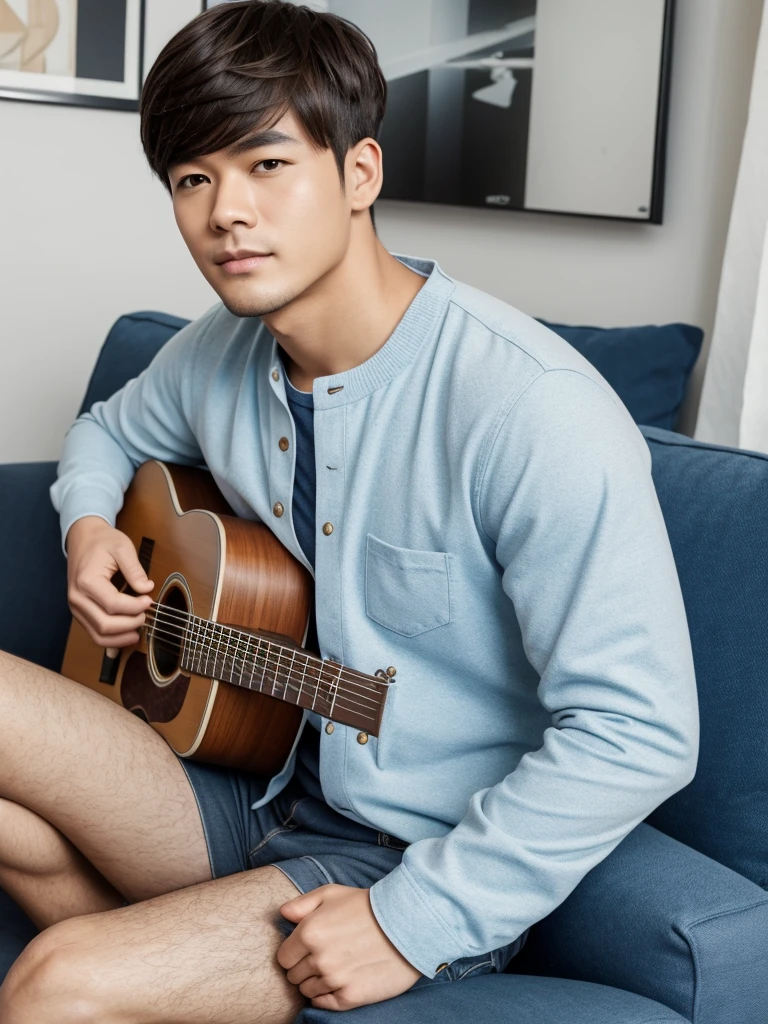 Create images with 8k clarity.,
It&#39;s a virtual image., High definition photos, 
It is a 180 degree wide viewing angle., 
It is a picture of a 30 year old young man., 
Good looks, white skin, white face, 
I am half Thai and half South Korean., 
Keep your hair in a low style., 
Have cute bangs., 
South Korean singer style, 
sitting and playing a red acoustic guitar, 
At the blue sofa in the modern bedroom., 
pastel tones