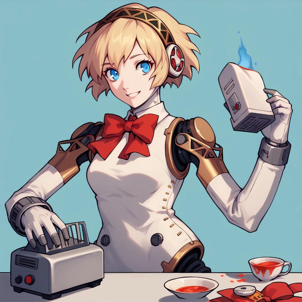 score_9, score_8_superior, score_7_superior, sauce_anime, One girl, , smile, toaster, p3 aegis, Android, Robot Joints, hair band, Headphones, Red Bow, Blue background