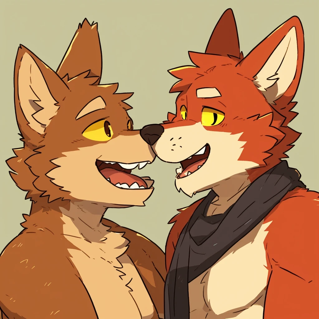 furry gay couple happily looking at eachother smiling