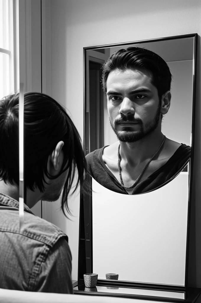 create a image in Black and white in which a man is facing a mirror to find himself but there is no any reflection