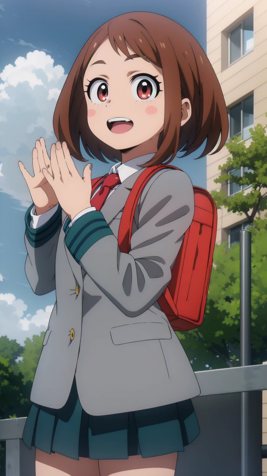 chaco_uraraka, 1girl, u.a._school_uniform, school_uniform, solo, necktie, blush_stickers, skirt, open_mouth, looking_at_viewer, smile, red_necktie, pleated_skirt, jacket, sky, bag, day, cloud, backpack, blazer, :d, long_sleeves, teeth, shirt, grey_jacket, blue_sky, tree, collared_shirt, outdoors, white_shirt, blush, waving, green_skirt, upper_teeth_only, window, cowboy_shot, standing, cloudy_sky, hands_up
Show less