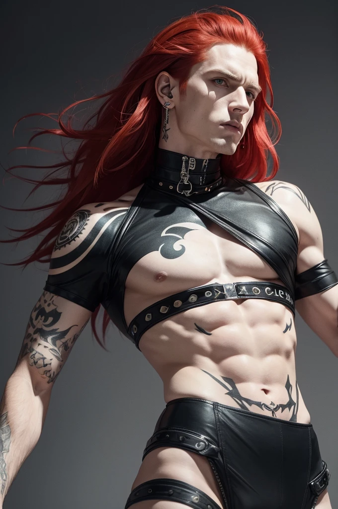 A man of 1,85, white with red hair down to the shoulder, with ear piercing, arm tattoos, a beautiful black striking look, with a radical personality who has a rock musical taste