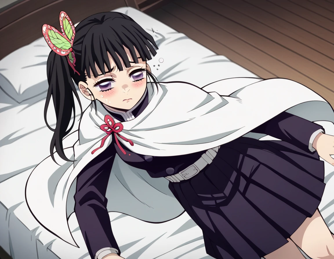 matingpress, 1girl, 1boy, lying on back, vaginal,mating press, kanao tsuyuri (demon slayer), purple eyes, black hair, butterfly hair ornament, ponytail, demon slayer corps uniform, tanjiro kamado(demon slayer), red hair, red eyes, anime style, checkered haori, green/black haori, demon slayer corps uniform 