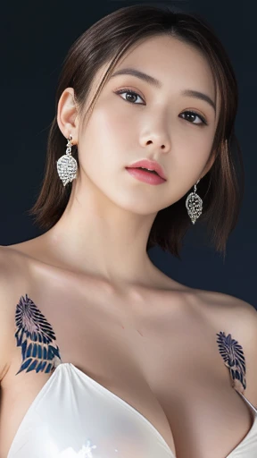 Anime-style woman, thin, thin, whole body, Full of tattoos, Lots of earrings, Beautiful and shiny hair, Rainbow Eyes, Slanted Eyes, Wavy Hair, Kind and charming, shoulderを露出させる, Delicate and sexy collarbone, Attractive oval face, double eyelid, Pink Lips, Small Nose, Concentrated face, Ultra-high resolution, Very detailed, Graceful posture, Nice, ultra-thin, See through, Lavender grey see-through latex dress,(arm、shoulder、Tribal tattoo pattern on chest),Glowing Skin, Realistic Background, sunlight,(From below:1.3),(Look down, Display in viewer:1.3)