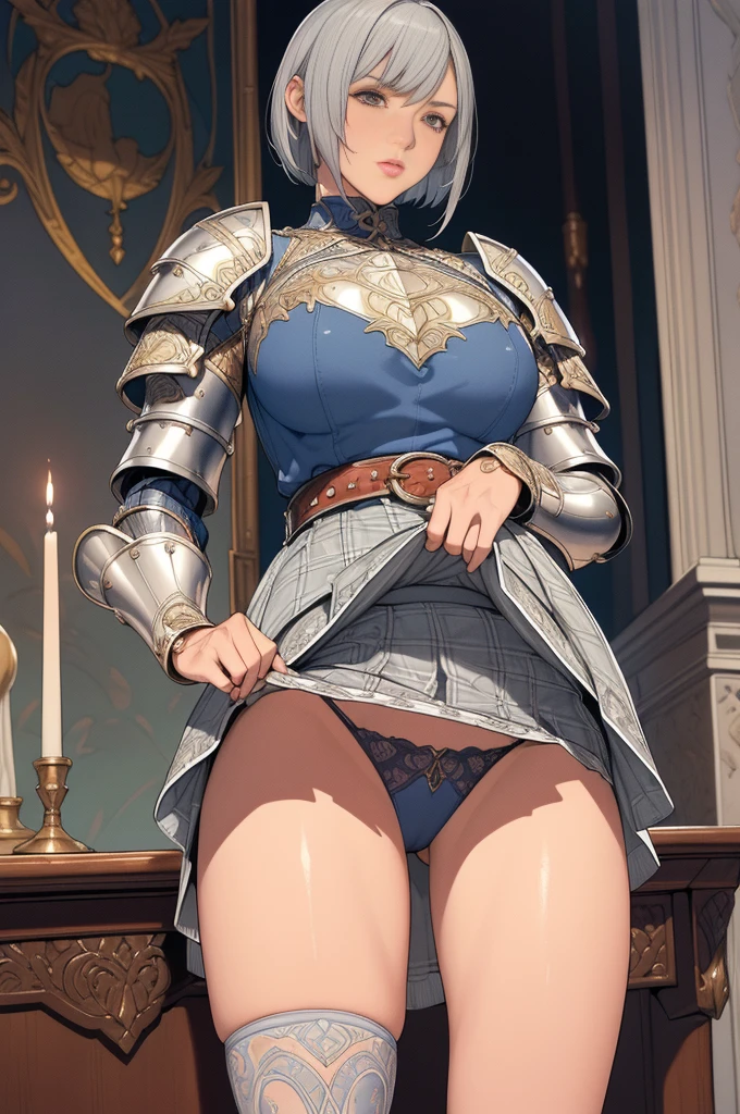 {best quality}, {very aesthetic}, {ultra-detailed}, {best illustration}, masterpiece,(((skirt lift:1.5))),((show off plaid pattern panties)),((Holy Knight)), ((Armor made of silver))、((((Extremely detailed and intricately decorated armour:1.1)))),Red Cowboy Shot,Smooth udder、Big Tits、(Golden Ratio,Tabletop, Highest quality, Highest quality, Official Art, beautifully、beautiful:1.2), Very detailed, colorful,Best details,An illustration, Great scene, (Adult,19 years old,One Girl, alone, Final Fantasy 12,Asheria:1.5, Asheria:1.5, Asheria:1.5, short hair, short hair,Bobcut,Silver Hair:1.2,Asheria Costume:1.5, Asheria Costume:1.5, mini skirt,Knee socks, Thighs Thighs Thighs Thighs, gem, Blue Belt,Belt number 1),Course of action, A look of contempt ,