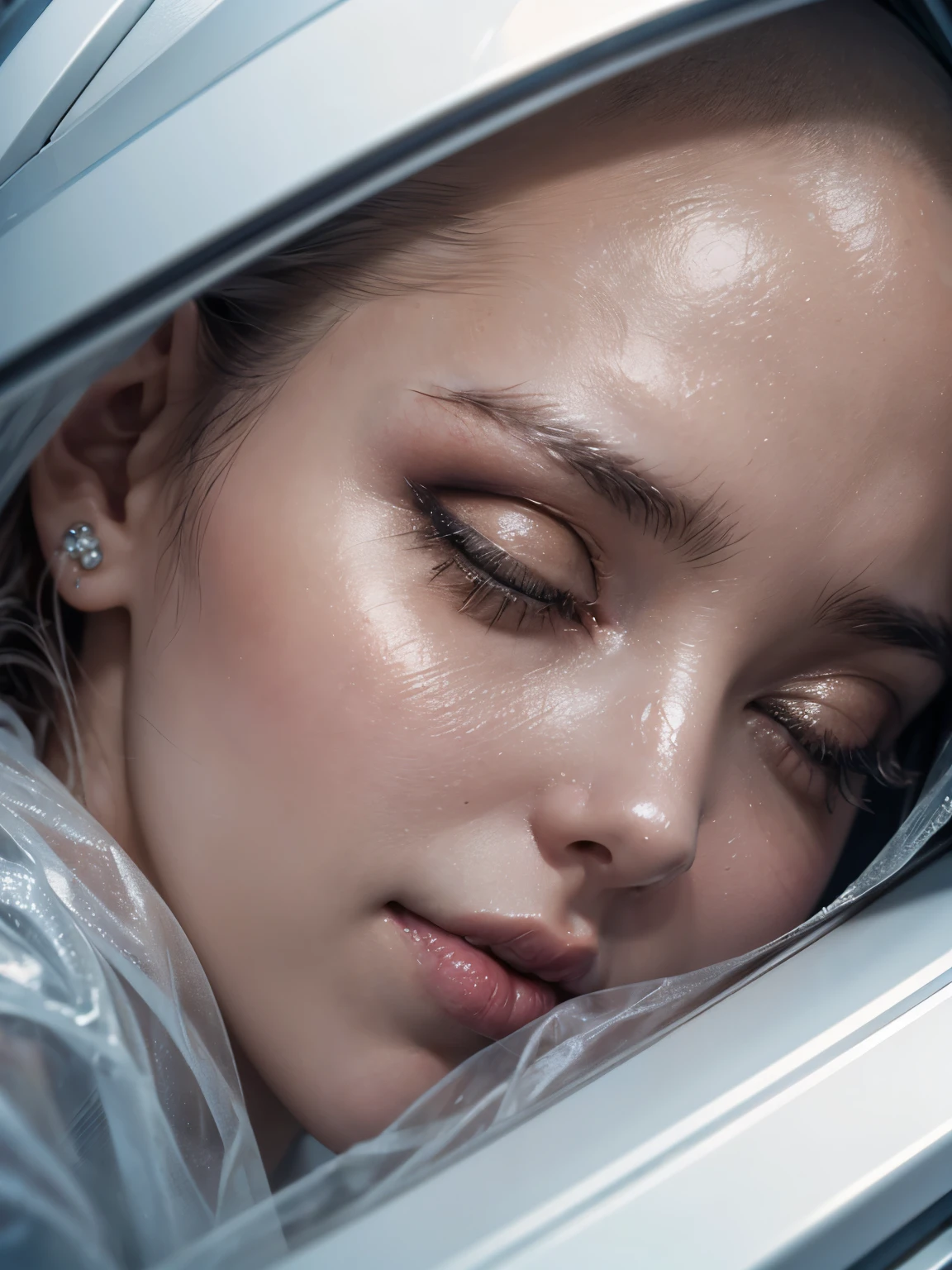 Close-up view, a woman's head in a freezer bag, 'O' shaped mouth wide open, bald, lifeless, sweet young girl, stiff, eyes tightly closed, frosted skin