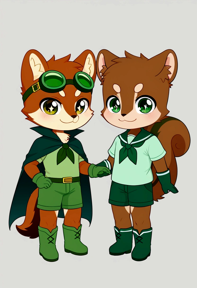 boy, furry, blown squirrel ears, animal ear fluff, bodyfur, blown squirrel tail, green goggles, green club budge, green neckerchief, green sailor collar, green cloak, light green polo shirt, short sleeves, green shorts, green rubber gloves, green wellington boots, chibi, sparkling eyes, hero