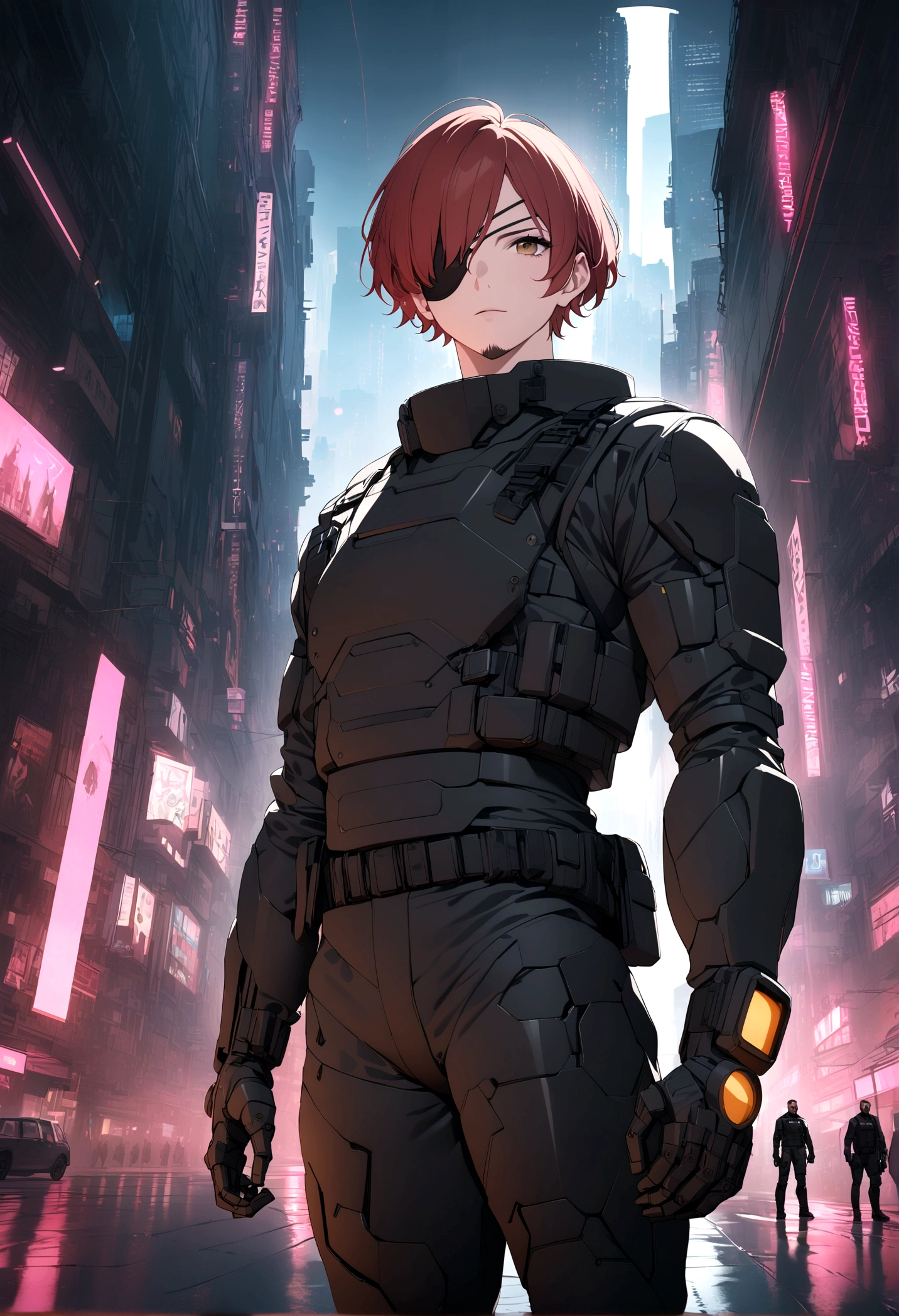 (masterpiece, 32k, 8k, cgi) man, 34 years old, redhead, brown eyes, eye patch over one eye, short spiky hair, black swat uniform, cyberpunk setting, black goatee