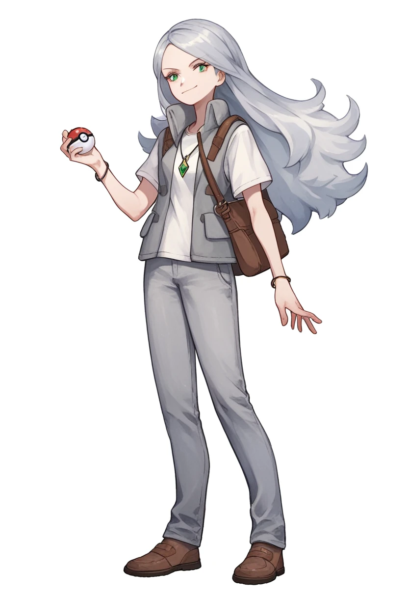 ((((white background)))), simple background, watercolor, 1 girl, standing, long hair, silver hair, light skin, smug green eyes, front view, gray pants, a gray winter vest and a blue t-shirt, black pants, bracelets, brown shoe, holding a pokeball, score_9, score_8_up, score_7_up, pendant, score_6_up, score_5_up, score_4_up, BREAK anime_source, masterpiece