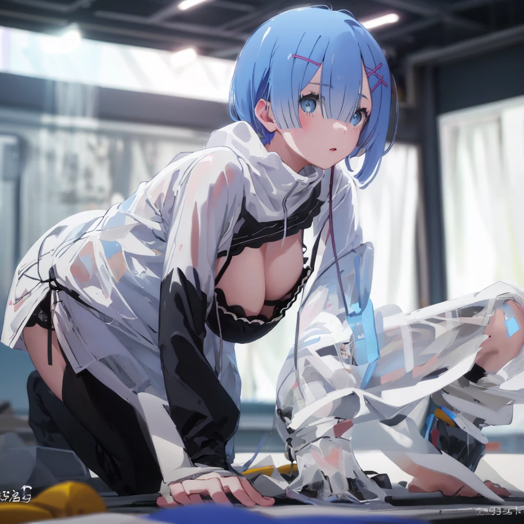 (Masterpiece, highest quality), 1 girl, face up, (from the front: 1.2), (on all fours: 1.2), (top down: 1.2), break girl, casual, gym clothes, jersey worn, school gym room, (bra :1.2), breast gap, medium breasts, saggy breasts, down blouse, visible nipples, no bra, bending forward, blue hair, medium breasts (C cup) - light blue eyes, 8K, highest quality, masterpiece, ultra-definition, plump lips...
