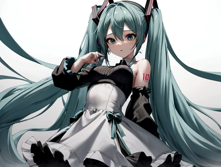 Hatsune miku, waist size, simple dress, crazy intense gaze, no background, gray background