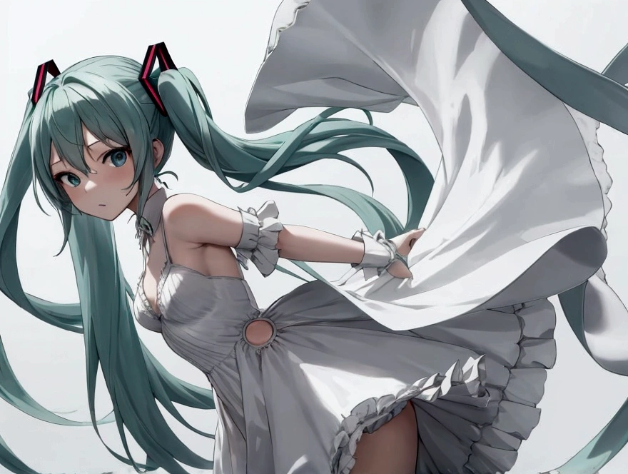 Hatsune miku, waist size, simple dress, crazy intense gaze, no background, gray background