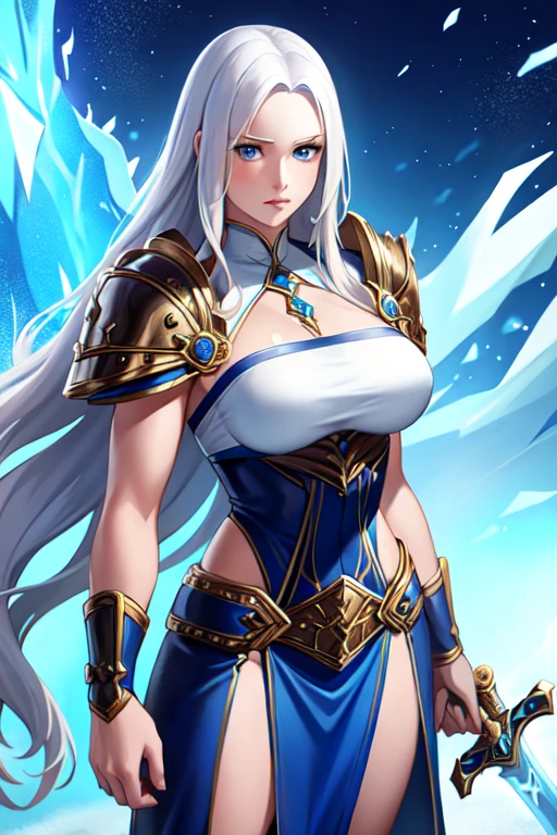 masterpiece, best quality, 1girl, solo, standing, jainapost, multicolored hair, white hair, (single braid:1.1), chest strap, cleavage, armor, corset, blue cape, gauntlets, bracer, greaves, long sleeves, parted lips, hand on hip, dark, huge breasts, bursting breasts, magic, spell, crystal, frost, ice, blizzard,,,,,