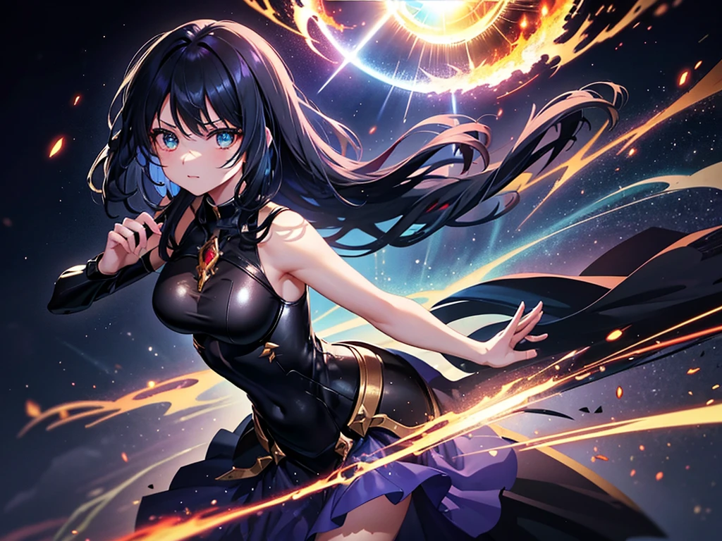 Super detailed, Pixel perfect, High resolution, Highest quality, Beautifully drawn eyes in every detail), (whole body:0.8), 19 year old anime girl, 短いBlack Hair, Wavy Hair, Parted bangs, Black Hair, Gradient Hair Color, Flowing crimson hair dances like flames, Red flames swirl around her body. (transparent:0.7), Showing her overwhelming aura (dangerous and terrifying aura), dangerous, She has a magic wand, Activates a powerful explosive spell, Great magician, Green Eyes, Strong and heavy steel armor, Prestigious, realistic fire, The background is full of magical particles and realistic blue flames. Lens flare, Shining Light, reflected light, Motion Blur, 8K, Super detailed, Accurate, Highest quality, Ray Tracing.