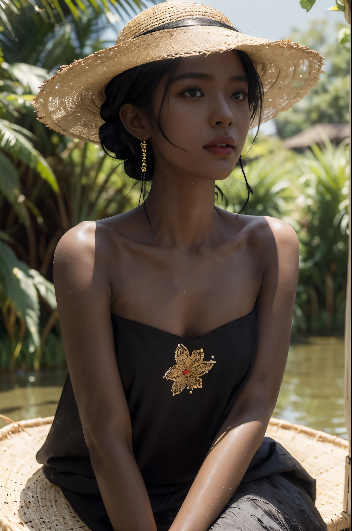 (((best quality))),(((ultra detailed))),(((masterpiece))),illustration,1 Nigerian girl,slim,straw hat,shiny skin,(dark black skin:1.5),sweat,wet,flat chest,strapless Embroidered red bra,collar,sitting in the Paddy pool filled with Rice seedlings,close-up of face,elegant, clear sky, sunlight, dreamy, contrast, natural,Chinese rural landscape,