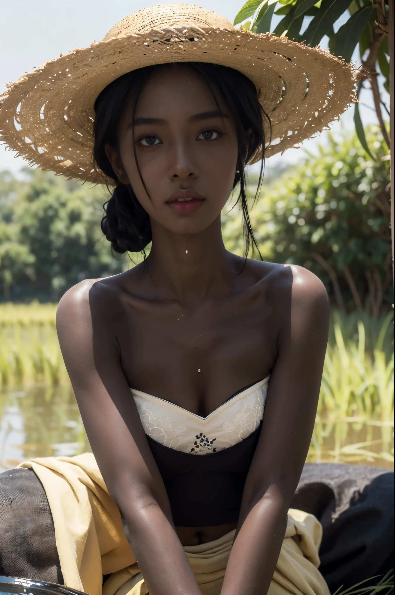 (((best quality))),(((ultra detailed))),(((masterpiece))),illustration,1 Nigerian girl,slim,straw hat,shiny skin,(dark black skin:1.5),sweat,wet,flat chest,strapless Embroidered red bra,collar,sitting in the Paddy pool filled with Rice seedlings,close-up of face,elegant, clear sky, sunlight, dreamy, contrast, natural,Chinese rural landscape,