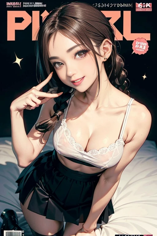 (small breasts:1.2), (perky chest:1.2), (pointed chest:1.2), (Pudding cake magazine cover:1.3),(from above:1.0),(shoot from the side:1.1),masterpiece, 1girl, Amazing Cleavage:1.1, thin waist, optimum,tmasterpiece,hight resolution,best qualtiy,hyper HD,super detailing,awardwinning,a 18yo cute girl,(The upper part of the body),anatomy correct,Beautiful Black miniskirt,garters,Gaze,Small face,bangss,holster,Beautuful Women,hands up,leg holster,Gaze,black boots,Cowboy Shot,cute face,a blond,Longhaire,Twin-tailed,Braids, Hairline,(scarlet eyes),long eyelasher,Hanging eye corners,White skin of the, ((see through camisole:1.1)), ((Sheer nipples:1.0)),Rocket Tits,(Slim body),smile,seductive weak smiling,(with sparkling eyes and a contagious smile),little open mouth, Looking at Viewer,