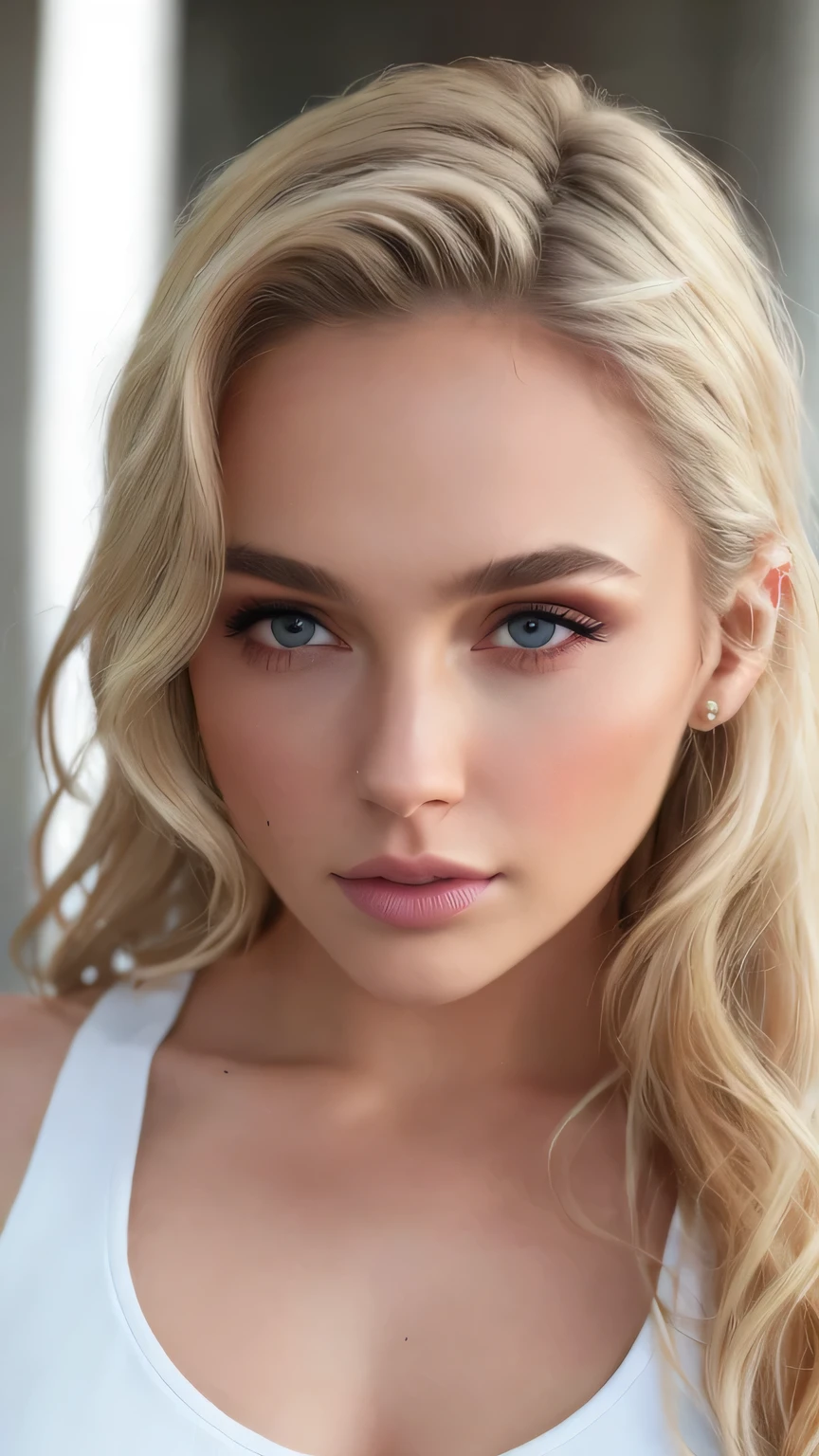 (8K, RAW Photos, 最high quality, masterpiece), 超High resolution, (Realistic, photo-Realistic), 1 Girl, emotionless, alone, Blonde long wavy hair, black eye, Professional Lighting, Detailed lighting, Backlight, Written boundary depth, Natural light, Sharp focus, Professional photography, Beautiful Eyes, Realistic eyes, Detailed Shadows, CG games, Cosplay, White tank-style crop top with arm rings, Upper Body, Super short denim hot pants, exterior, Crown, masterpiece, 最high quality, high quality, High resolution、((Face close-up))、Click here for the gaze、sexy、Face close-up、Big Tits